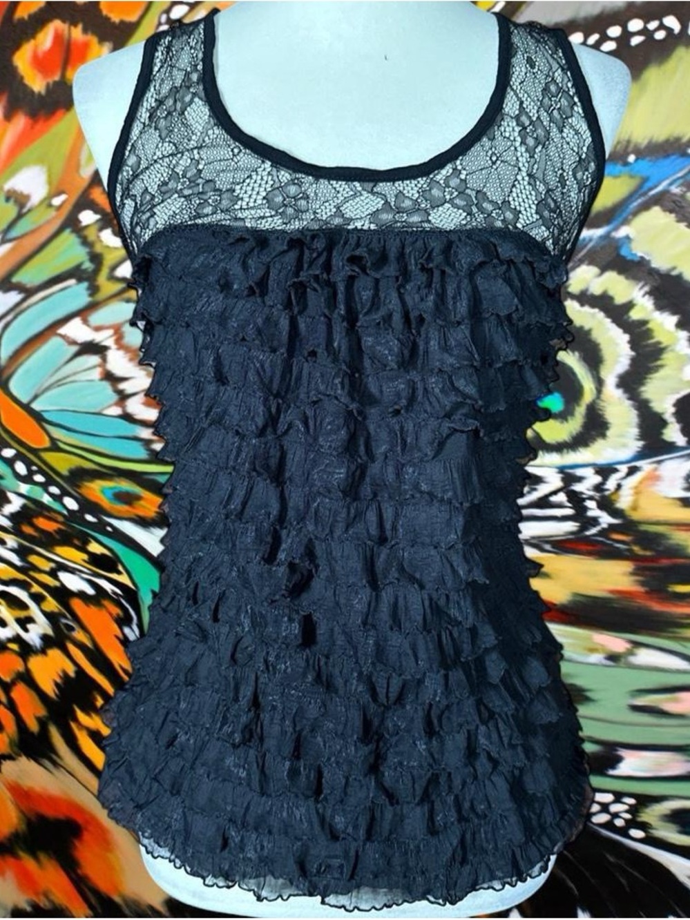 Black Lace Ruffle Tank Top - Women